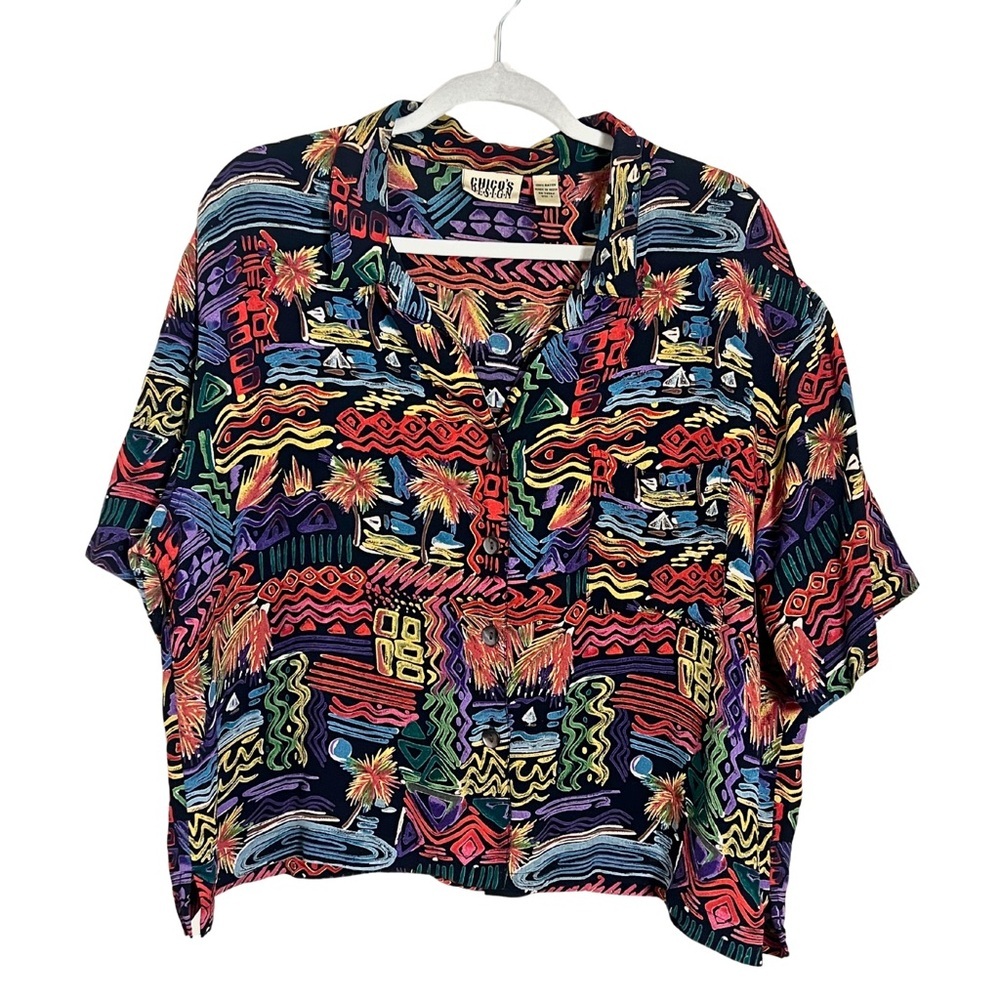 Vintage Chico's‎ Y2K Artsy Tropical Multicolor Bold 90s Button Down Top Size XL